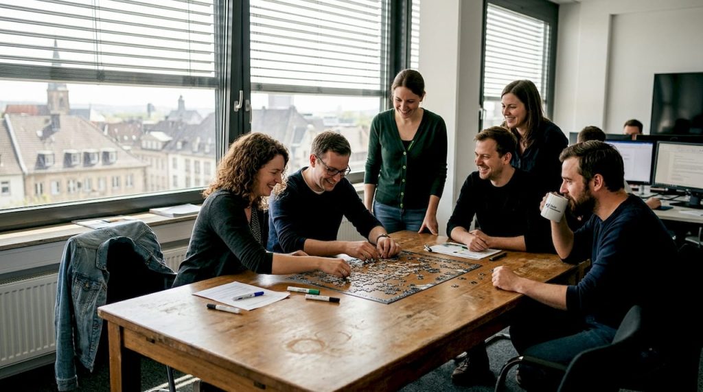 Im Team packen die Kollegen gemeinsam eine Aufgabe an.
