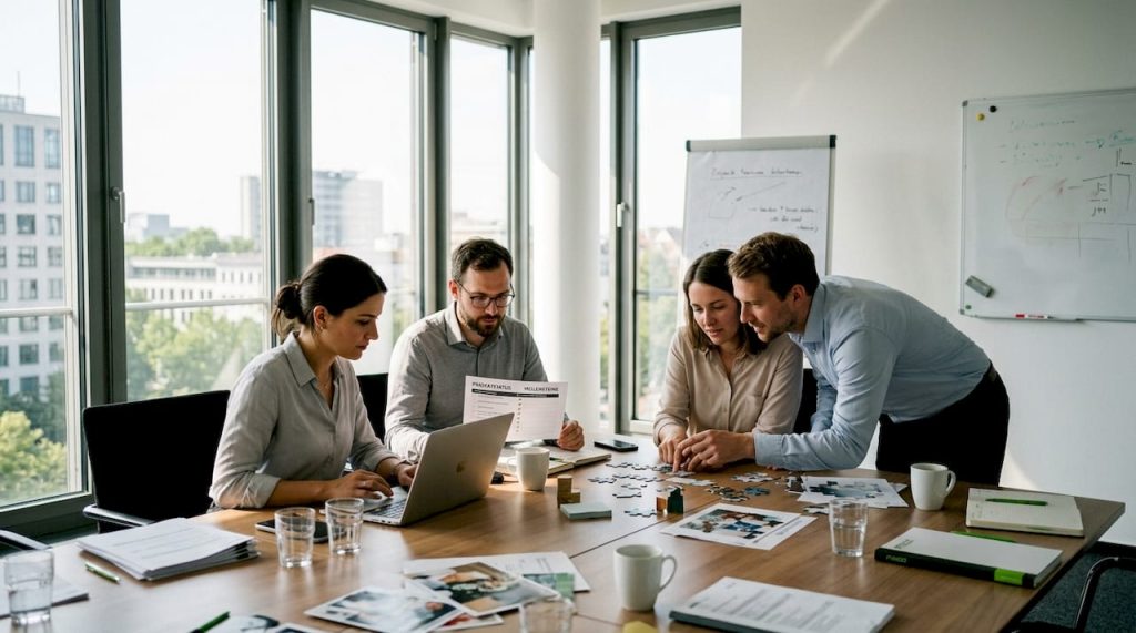 Das Büroteam arbeitet gemeinsam an kniffligen Aufgaben beim Escape-Event und stärkt dabei den Teamgeist.