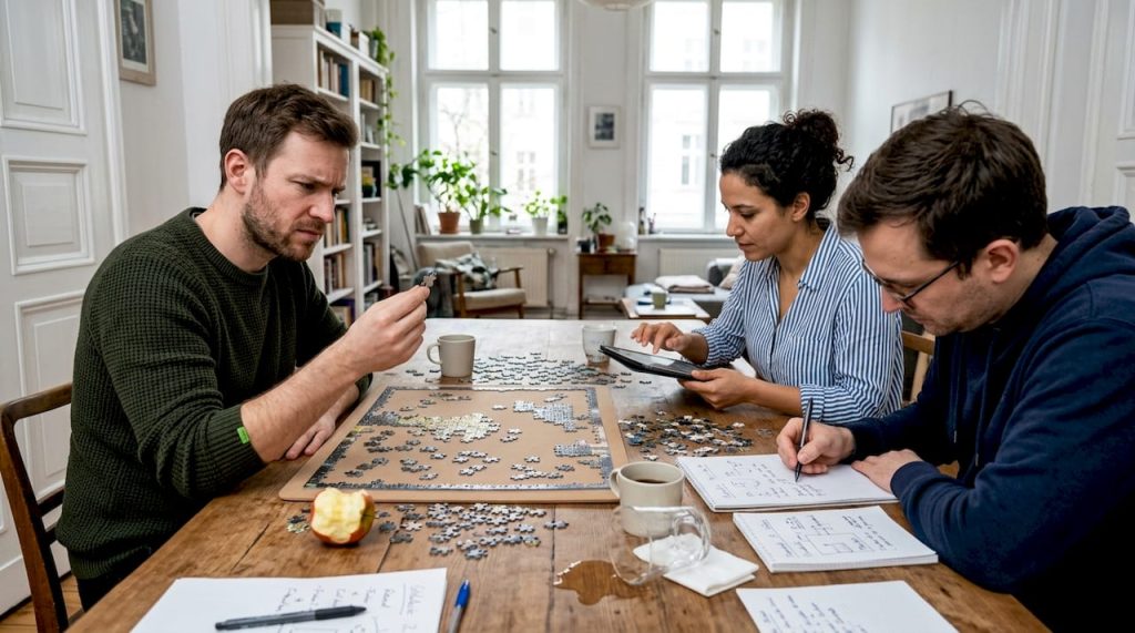 Drei Freunde knobeln gemeinsam am Küchentisch.