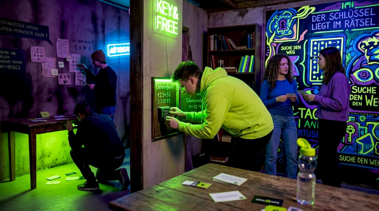 Ein Team im Escape Room tüftelt gemeinsam an den Rätseln und tauscht sich aus, um die Lösung zu finden.