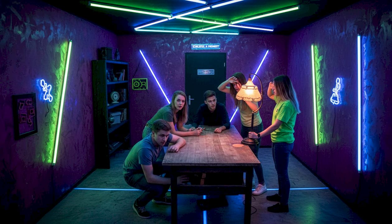 Eine Gruppe tüftelt gemeinsam an kniffligen Aufgaben im Escape Room, um den Ausweg zu finden.