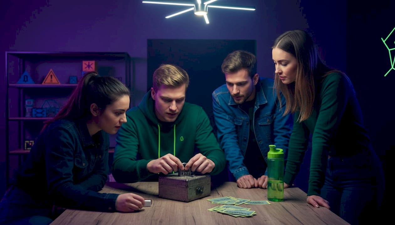 Eine Gruppe von Freunden tüftelt gemeinsam an kniffligen Rätseln in einem Escape Room.