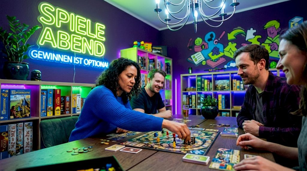 Erwachsene sitzen gemeinsam am Tisch und tüfteln zusammen an einem Spieleabend – jeder bringt seine Ideen ein, es wird gelacht und diskutiert, während das Teamwork im Mittelpunkt steht.