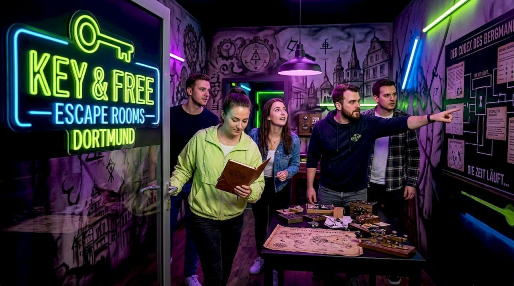 Eine Gruppe Freunde betritt gespannt den atmosphärischen Escape Room in Dortmund.